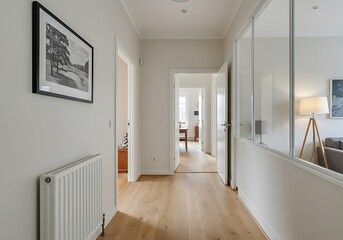 Hallway with white walls, wooden floor and doors leading to other rooms