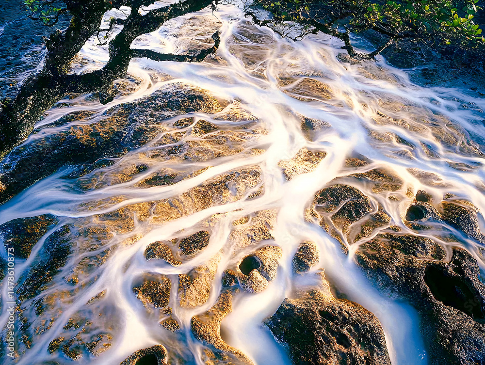 Poster aerial view of cascading water flowing over textured rocks and under a tree with long exposure for a