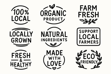 Fototapeta premium Local organic farm product labels and eco friendly hand drawn food badge vector set. Locally grown products labels