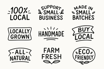Fototapeta premium Local organic farm product labels and eco friendly hand drawn food badge vector set. Locally grown products labels
