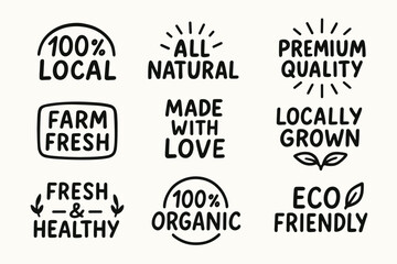 Fototapeta premium Local organic farm product labels and eco friendly hand drawn food badge vector set. Locally grown products labels