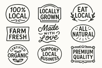 Obraz premium Local organic farm product labels and eco friendly hand drawn food badge vector set. Locally grown products labels