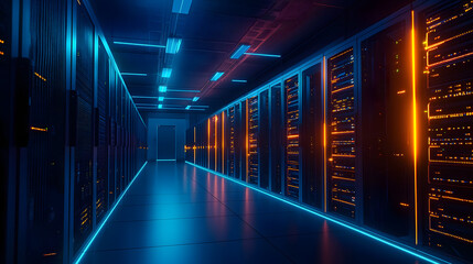 Illuminated data center walkthrough modern facility interior design tech environment wide-angle ambient lighting concept