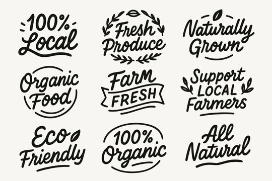 Local organic farm product labels and eco friendly hand drawn food badge vector set. Locally grown products labels