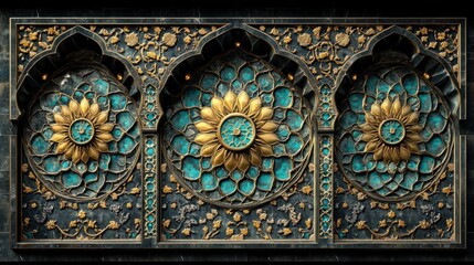 Ornate, decorative panel with intricate details, featuring golden floral motifs and turquoise accents, set against a dark background
