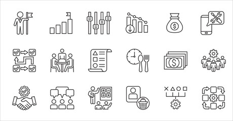Business company and Management icon set. Contains symbol of success, data, reward, work, money, employee, businessman, target, finance, lunchtime, task, shop, meeting, education. Vector illustration