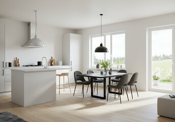 Fototapeta premium Bright kitchen and dining area with table, chairs, and island counter