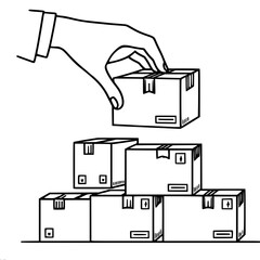 huge hand placing box on stack of boxes in simple line drawing, vector image with one line outline
