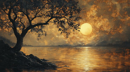 a peaceful scene infused with twilight in a calm lake