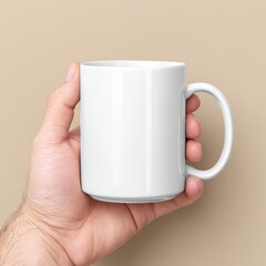 Hand Holding a Plain White Coffee Mug Against a Beige Background