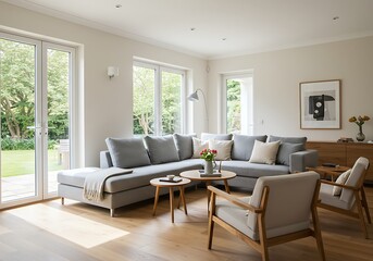Fototapeta premium Bright living room with gray sectional sofa, wood floor, and view to the garden