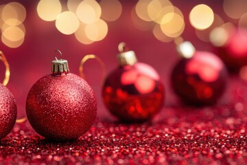 Obraz premium Festive Red Christmas Ornaments on Glittery Surface with Bokeh Lights Holiday Season Still Life