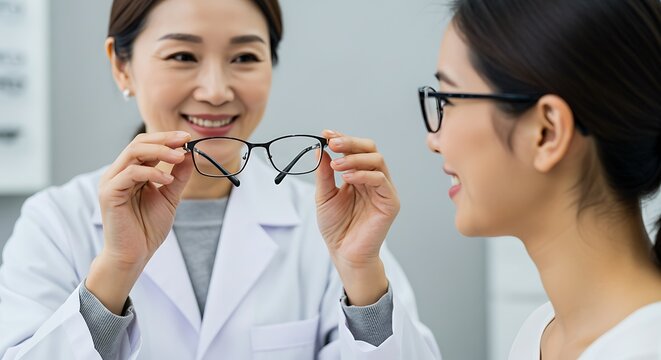 Optometrist Showing Eyeglass Frames to Patient in Clinic
