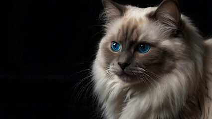 Majestic Ragdoll cat with stunning blue eyes against a dramatic black backdrop