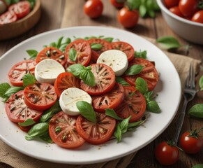 Close-up of Caprese salad; vibrant colors, rustic setting , mozzarella, texture