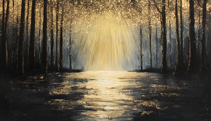 Golden light radiating through a dark forest pathway.