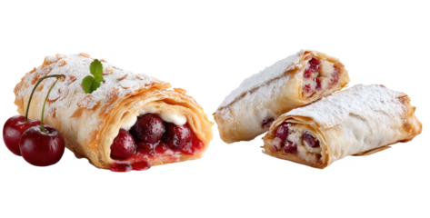 Delicious Cherry Filled Pastries Sprinkled With Powdered Sugar On A Transparent Background