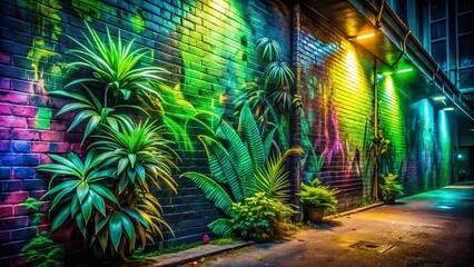 Night Graffiti Plant Texture: Bold Brush Strokes on Urban Wall