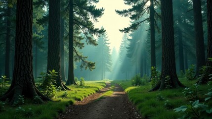 Obraz premium Serene Forest Path Sunlight Illuminates a Mystical Woodland Trail, Lush Greenery and Tall Trees Creating an Air of Tranquility and Wonder