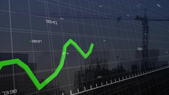 Finance chart being visualized over dark grid, highlighting green zigzag line and crane silhouette