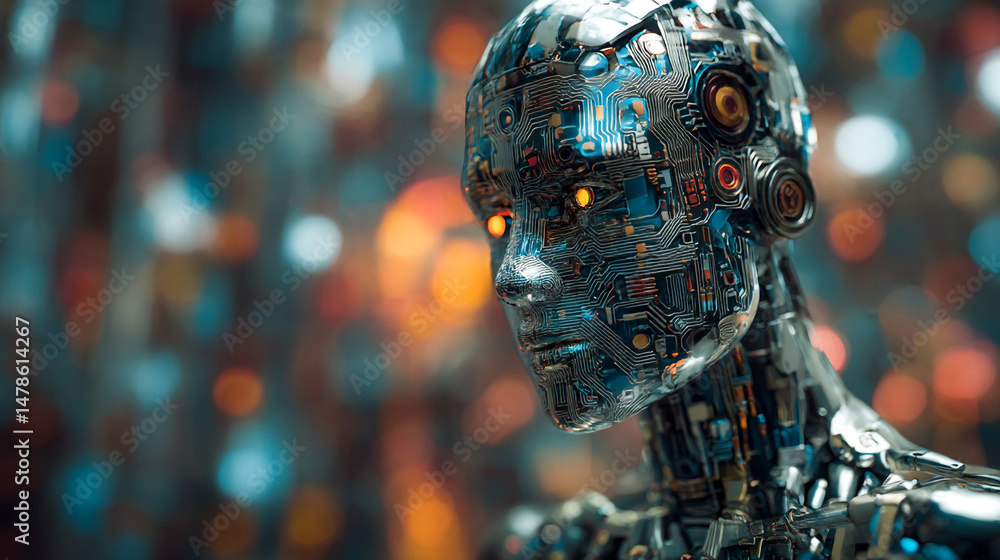 Poster futuristic robot ai artificial intelligence cyborg android technology machine learning concept desig