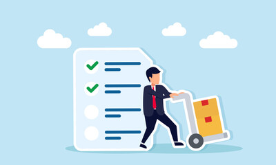 Businessman Pushing Package Trolley Beside Checklist Paper Illustration of Package Delivery Logistics List