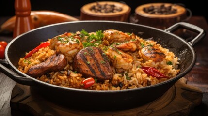 Fototapeta premium Spiced chicken and rice dish in a cast iron pan.