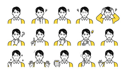 カーディガンを着た若い男性の表情アイコンセット