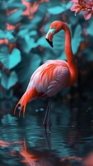 Fototapeta premium Pink flamingo standing in a pool of water, surrounded by lush greenery.