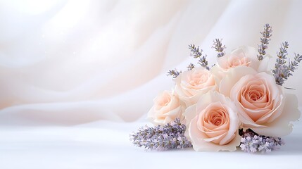 Fototapeta premium Elegant bouquet of pink roses and lavender on soft background