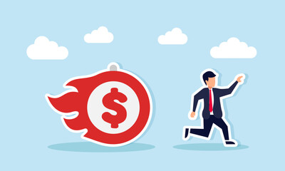 Businessman Running from Burning Dollar Stopwatch Illustration of Business Debt Repayment Deadline