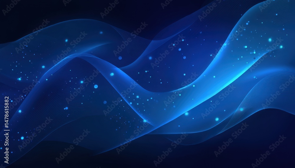 Poster abstract design with flowing blue lines and shimmering particles.