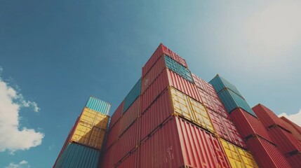 Fototapeta premium Cargo Container Ship Stack Pile against Blue Sky Background in International Industry Port Shipment Terminal Yard