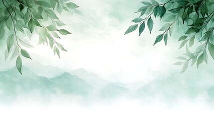 Serene watercolor landscape with lush green leaves