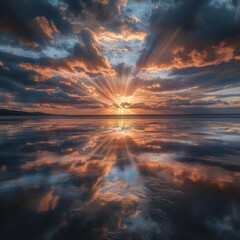 Obraz premium Dramatic sunset over reflective ocean water with sun rays and cloudscape in coastal landscape view
