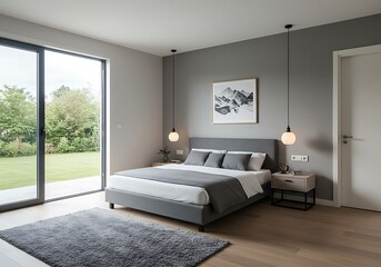 Modern bedroom with gray accents and view of garden through large window