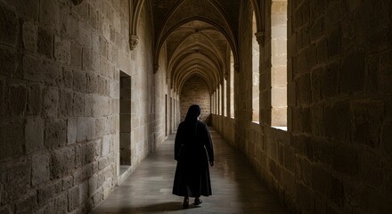 A Solitary Figure Walking Through a Medieval Corridor Filled With Natural Light