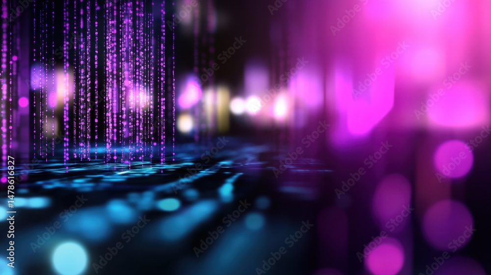 Poster abstract tech background with glowing blur lines and fast digital pulses, purple and cyan color sche