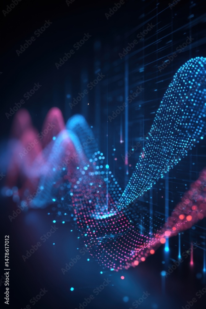Poster abstract data visualization of fluctuating digital waveforms in blue and red with grid overlay