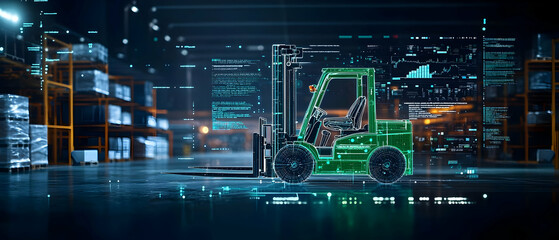 Futuristic Forklift In Warehouse With Digital Code Overlay
