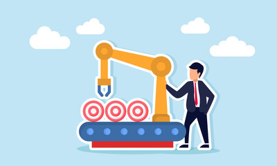 Businessman standing beside target board illustrating efficiency and effectiveness in achieving business goals