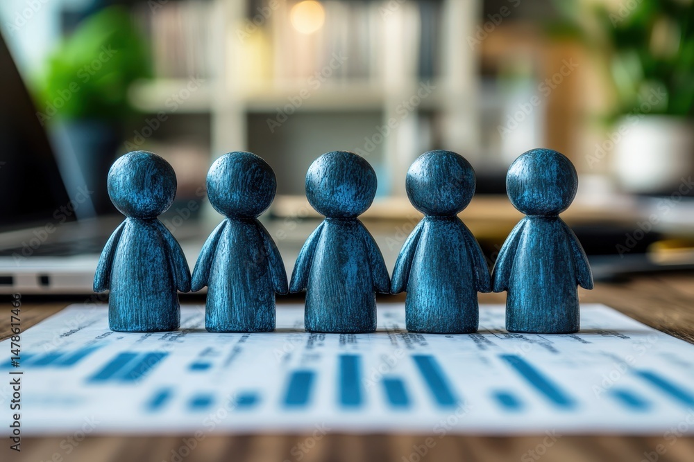Poster wooden figurines representing teamwork and collaboration in a modern office setting with data charts