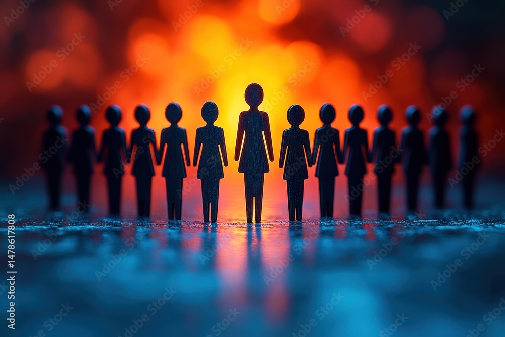 Poster group of stylized human figures with a central woman against a colorful blurred background represent
