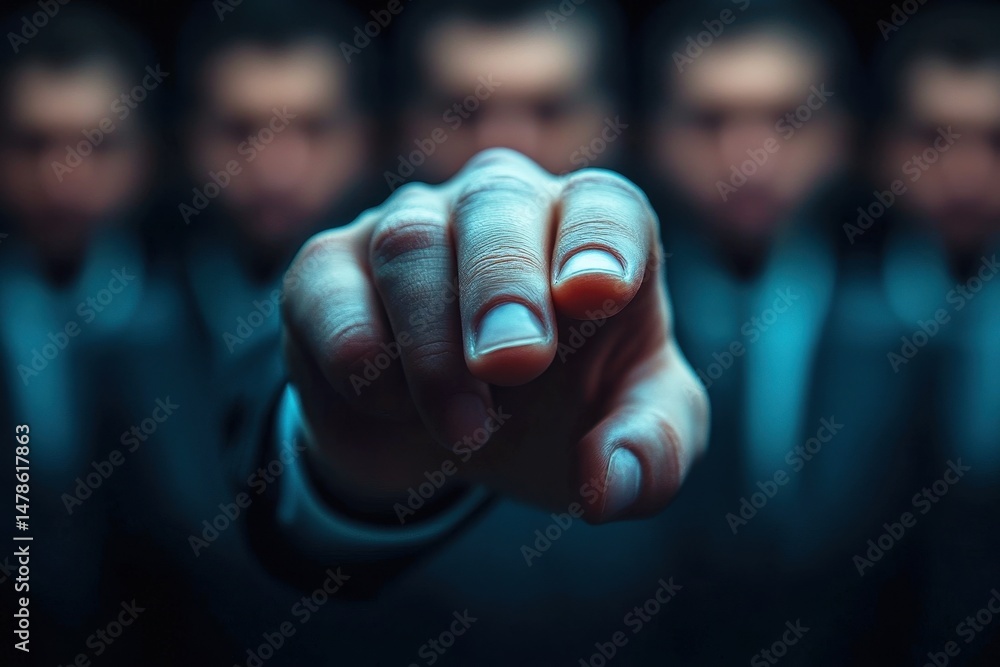Aufkleber assertive hand pointing forward in a business context with blurred figures in background, symbolizin