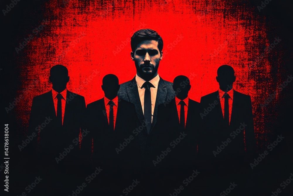 Poster mysterious business leader surrounded by shadowy figures in dark red background representing power a