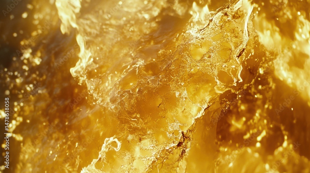 Aufkleber golden liquid splashing in sunlight close-up macro shot of golden liquid movement with bubbles and w