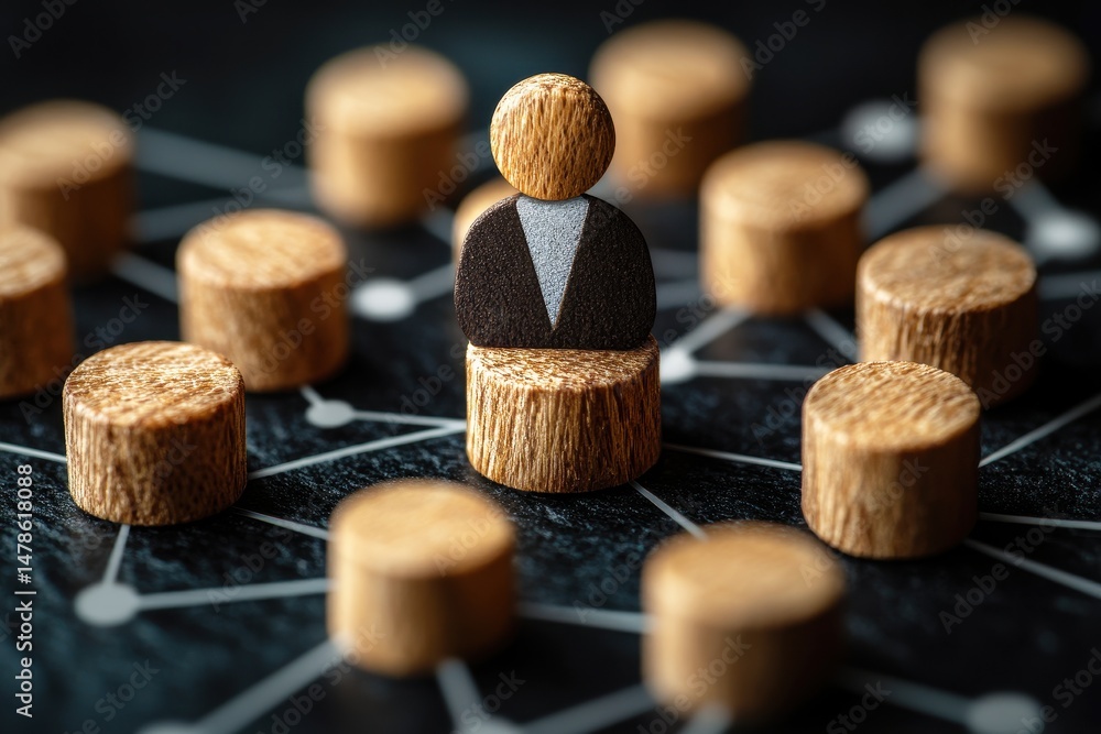Poster wooden figure representing a leader surrounded by circular wooden pieces symbolizing connections and