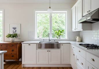 Bright kitchen interior with stainless steel sink and white cabinetry near window