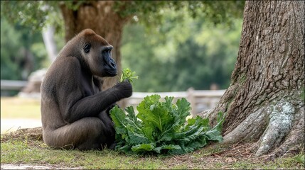 Gorilla eating leaves outdoors