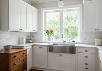 Bright kitchen interior with white cabinets, stainless steel sink, and flowers